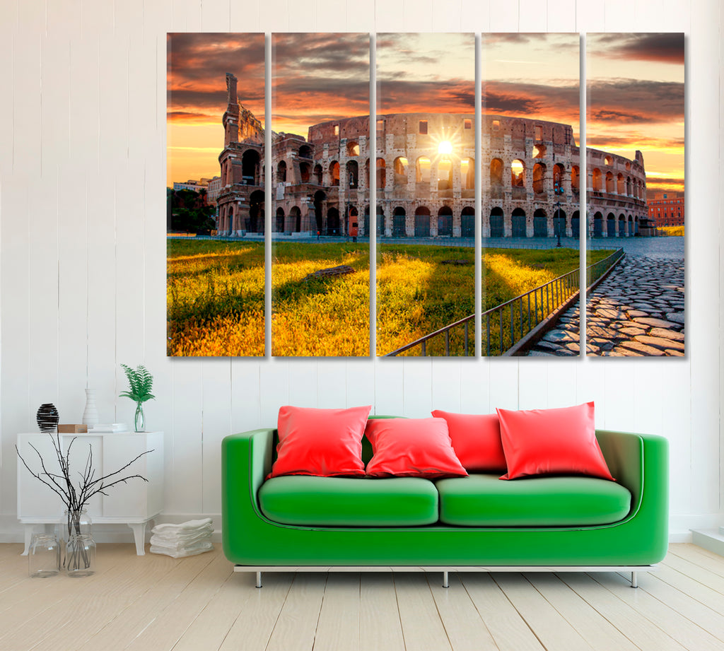Colosseum at Beautiful Sunset Rome Italy Canvas Print ArtLexy 5 Panels 36"x24" inches 