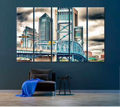 Jacksonville Skyline with Bridge on Cloudy Day Canvas Print ArtLexy 5 Panels 36"x24" inches 