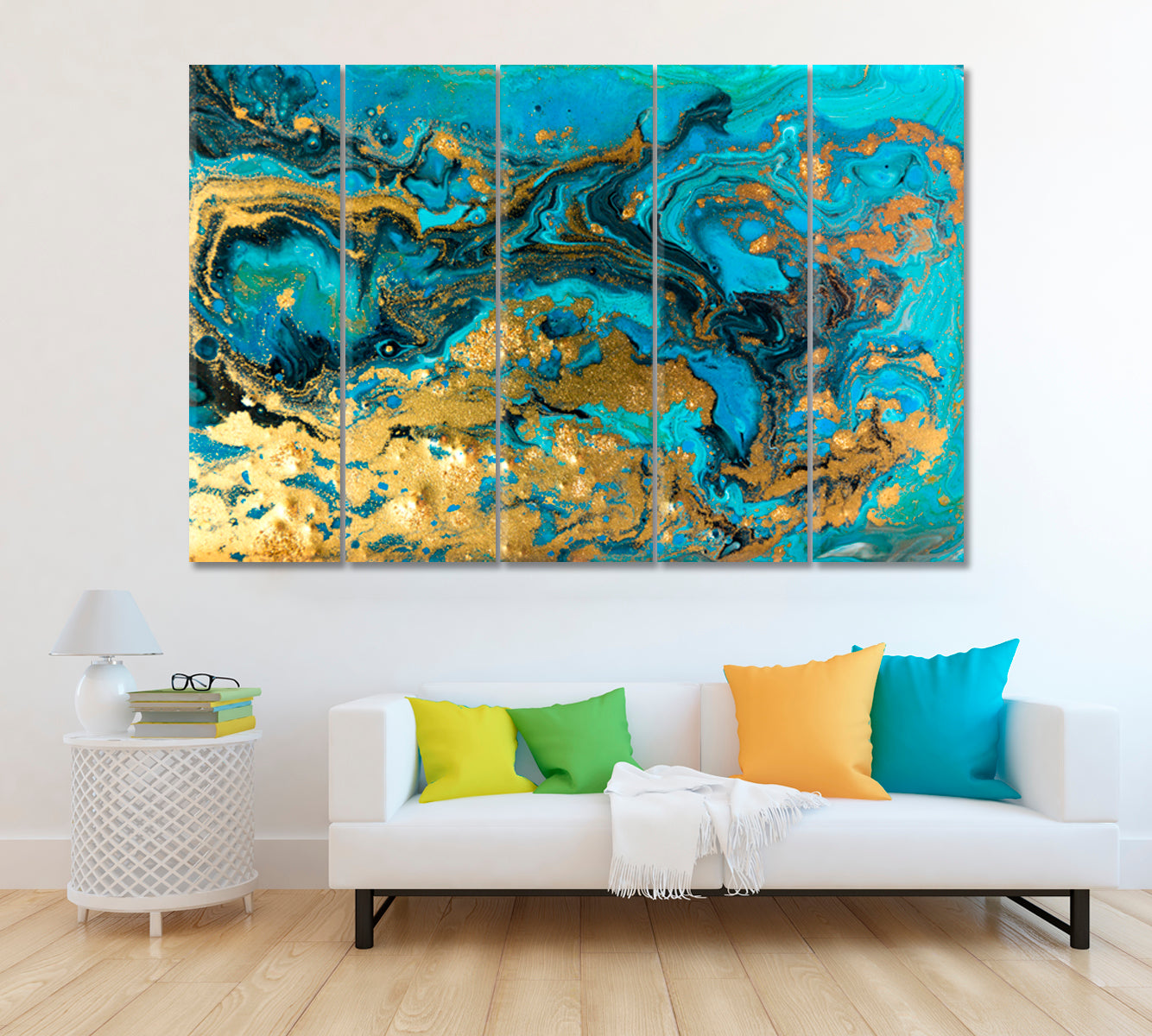Blue and Gold Marbling Pattern Canvas Print ArtLexy 5 Panels 36"x24" inches 