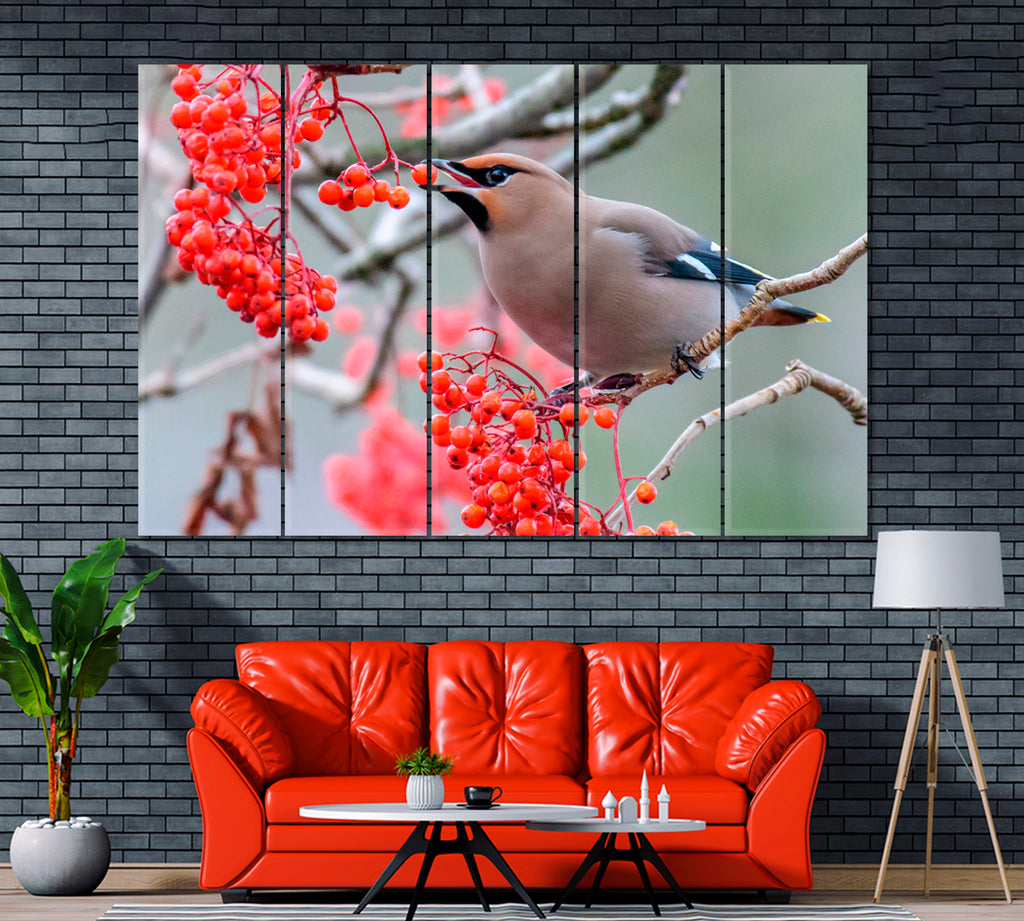 Bohemian Waxwings Bird Eating Rowan Berries Canvas Print ArtLexy 5 Panels 36"x24" inches 