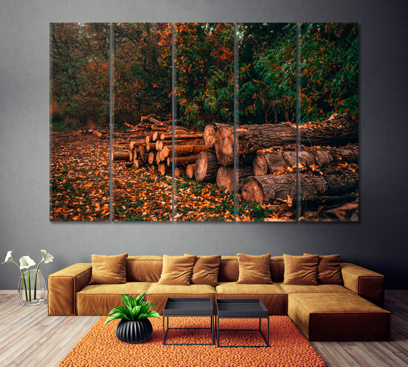 Pine Logs in Forest Canvas Print ArtLexy 5 Panels 36"x24" inches 