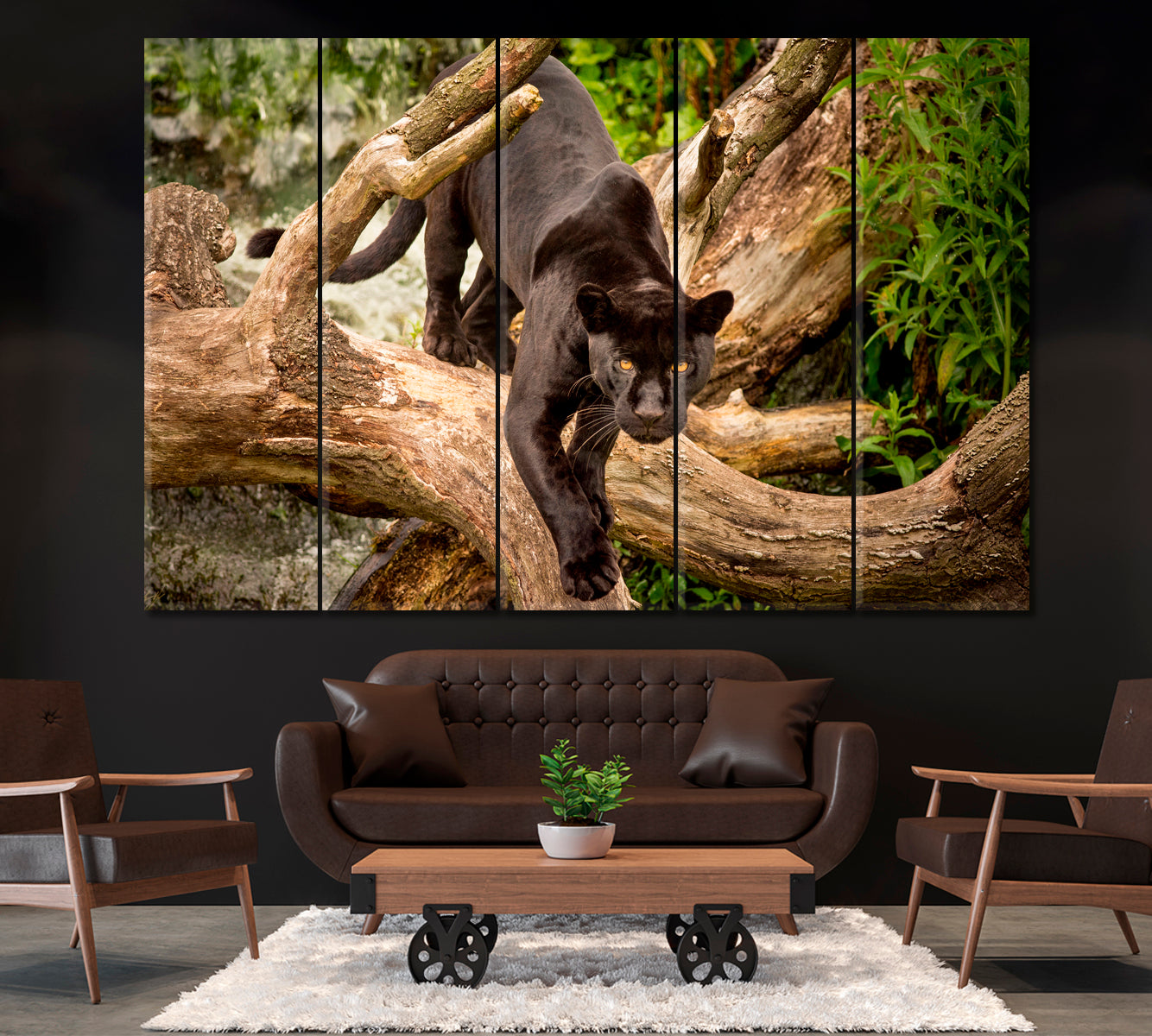 Wild Black Jaguar Canvas Print ArtLexy 5 Panels 36"x24" inches 
