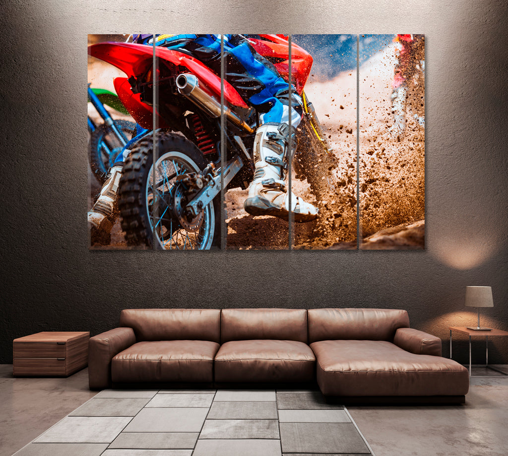Motorcycle Race in Dirt Track Canvas Print ArtLexy 5 Panels 36"x24" inches 