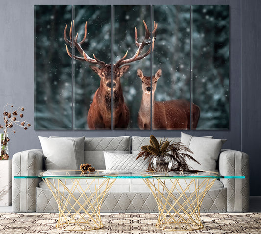 Red Deer in Winter Forest Canvas Print ArtLexy 5 Panels 36"x24" inches 