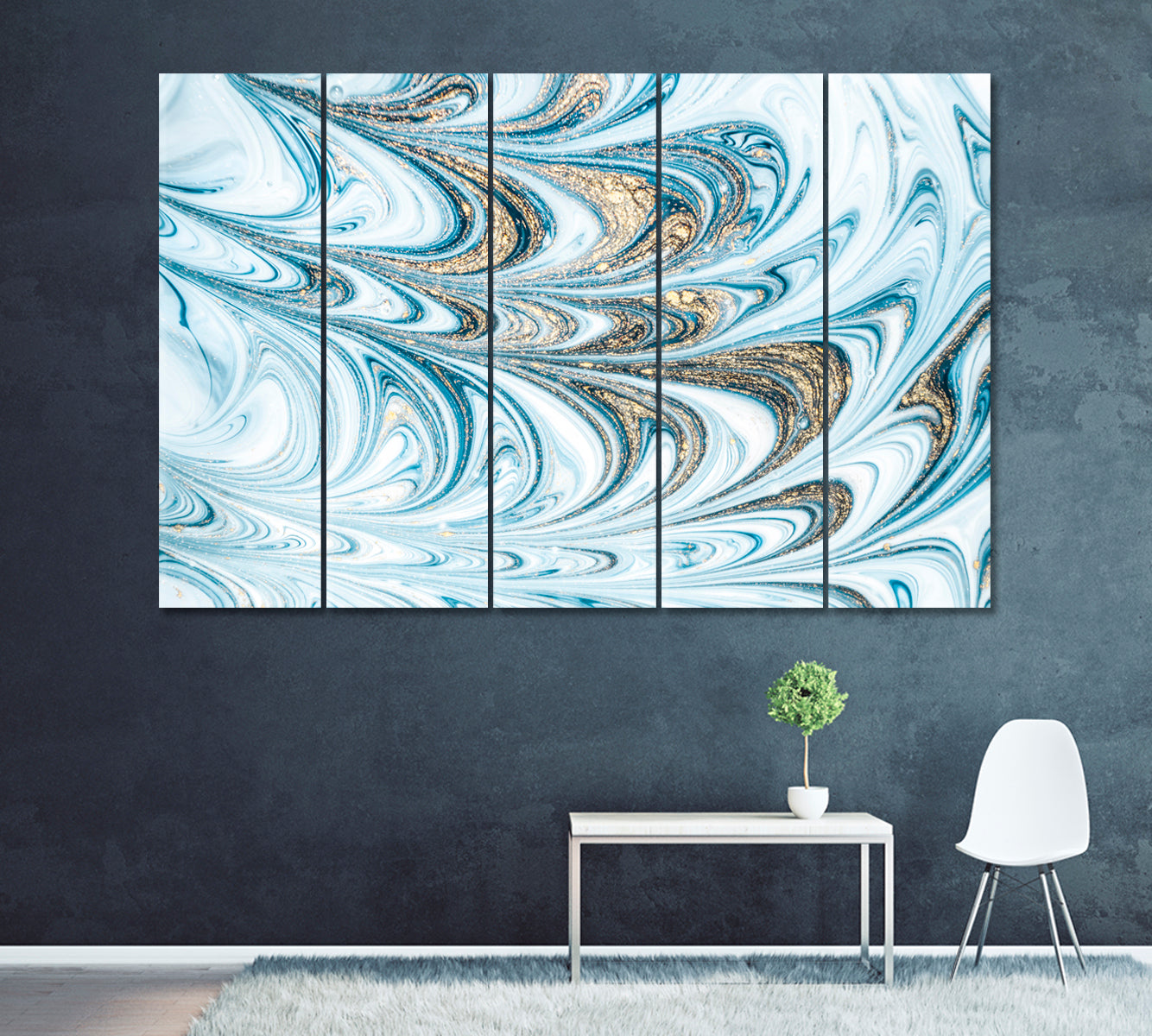 Abstract Blue Swirl Marble Canvas Print ArtLexy 5 Panels 36"x24" inches 