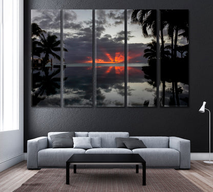 Sunset over Pool Maldives Canvas Print ArtLexy 5 Panels 36"x24" inches 