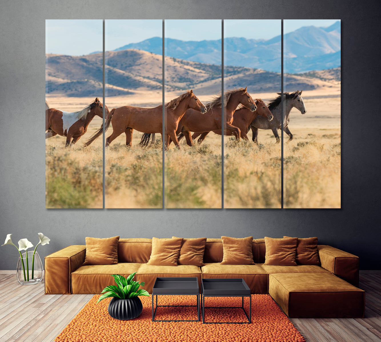 Herd of Wild Horses in Utah Canvas Print ArtLexy 5 Panels 36"x24" inches 