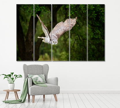Great Horned Owl flying in Forest Canvas Print ArtLexy 5 Panels 36"x24" inches 
