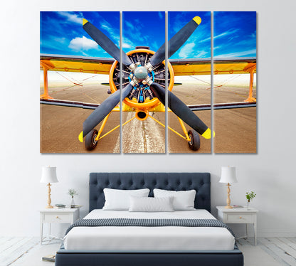 Biplane on Runway Canvas Print ArtLexy 3 Panels 36"x24" inches 