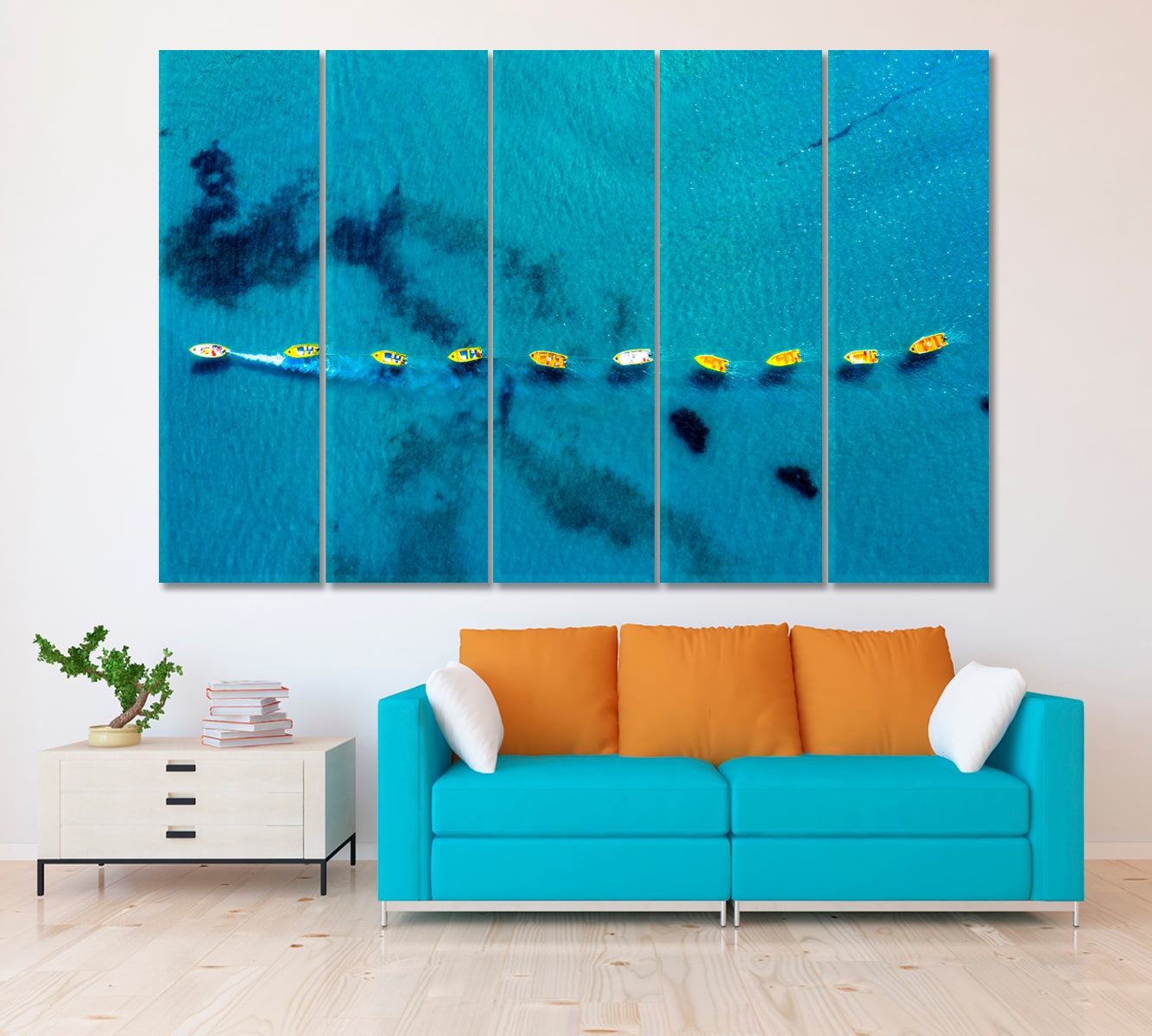 Boats in Turquoise Ocean Canvas Print ArtLexy 5 Panels 36"x24" inches 
