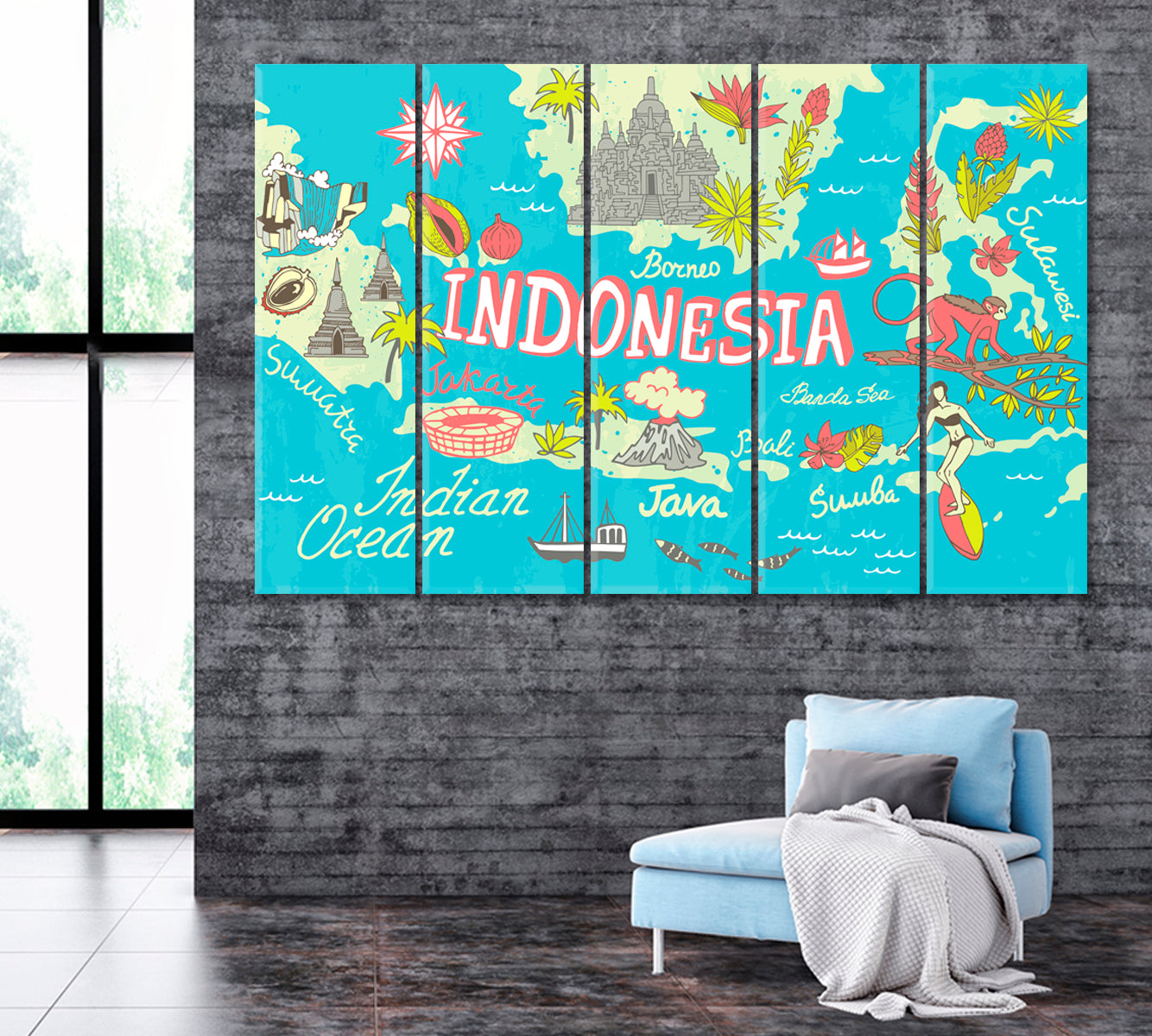 Map of Indonesia with Attractions Canvas Print ArtLexy 5 Panels 36"x24" inches 