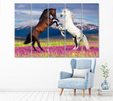 Two Horses Playing in Flower Field Canvas Print ArtLexy 5 Panels 36"x24" inches 