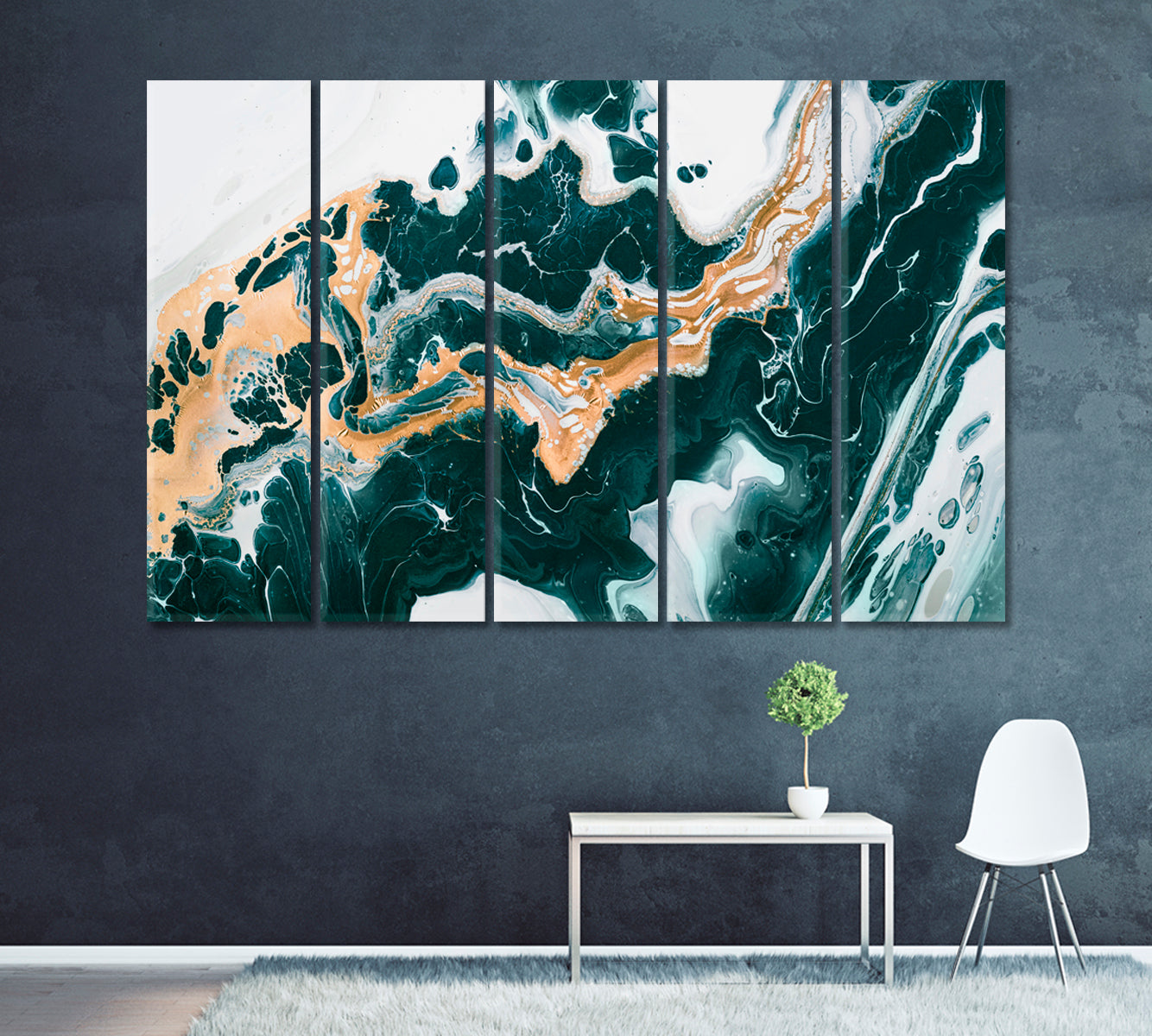 Liquid Green Abstract Wavy Marble Canvas Print ArtLexy 5 Panels 36"x24" inches 
