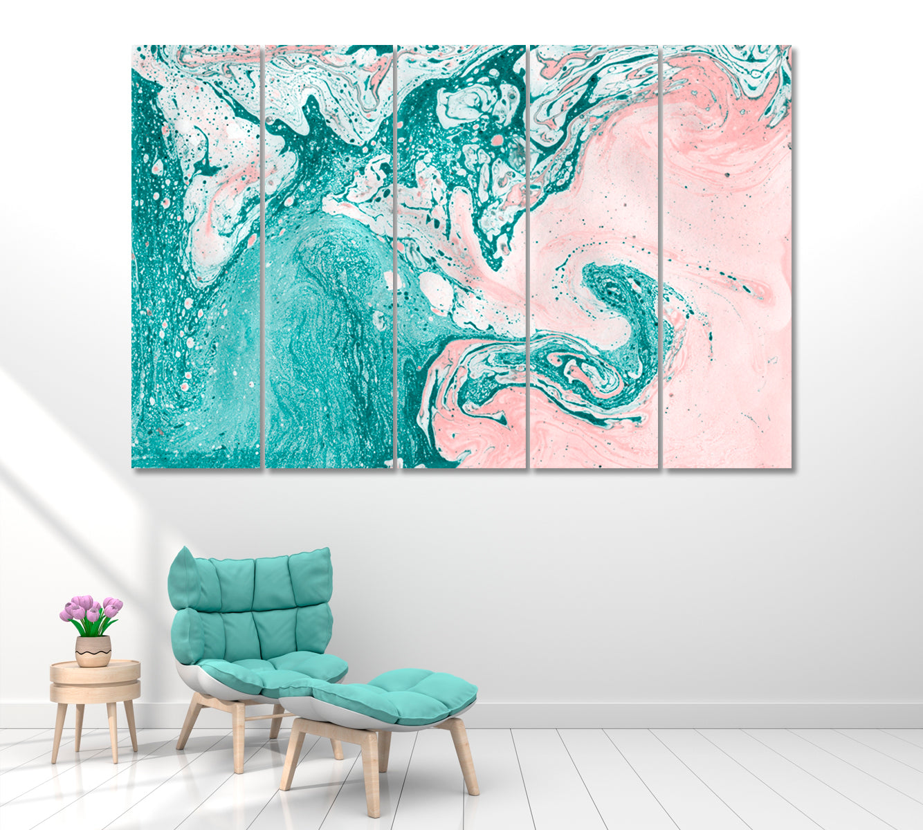 Abstract Turquoise and Pink Marble Painting Canvas Print ArtLexy 5 Panels 36"x24" inches 