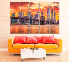 Brooklyn Bridge and Lower Manhattan at Sunset New York Canvas Print ArtLexy 5 Panels 36"x24" inches 