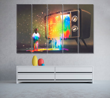 Bright Paint Flows From TV to Little Girl Canvas Print ArtLexy 5 Panels 36"x24" inches 