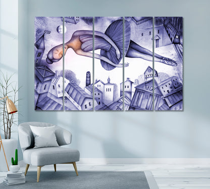 Ballerina over City in Cubism Style Canvas Print ArtLexy 5 Panels 36"x24" inches 