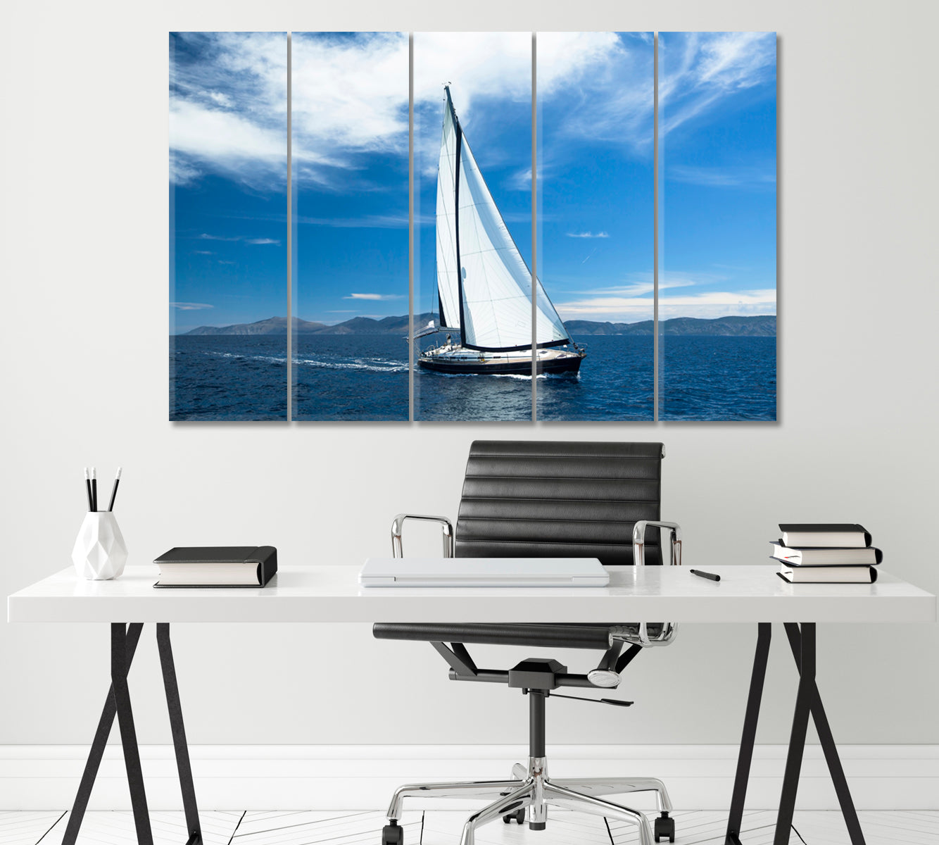 Sailing Ship with White Sails in Sea Canvas Print ArtLexy 5 Panels 36"x24" inches 