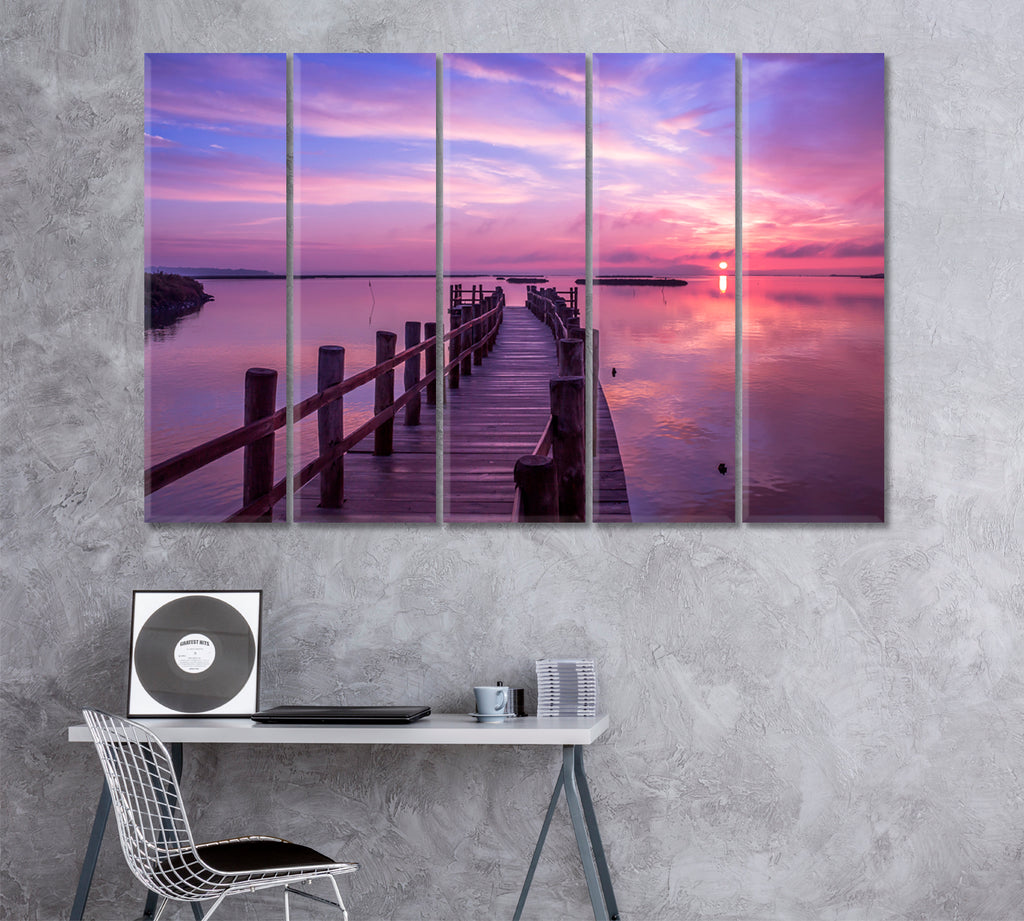 Beautiful Sunset with Wooden Pier Portugal Canvas Print ArtLexy 5 Panels 36"x24" inches 