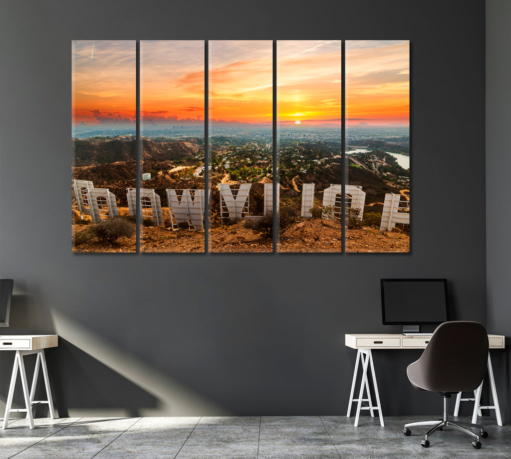 Colorful Sunset Over Hollywood Sign Canvas Print ArtLexy 5 Panels 36"x24" inches 