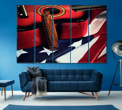 Guitar and Harmonica with Flag of United States Canvas Print ArtLexy 5 Panels 36"x24" inches 
