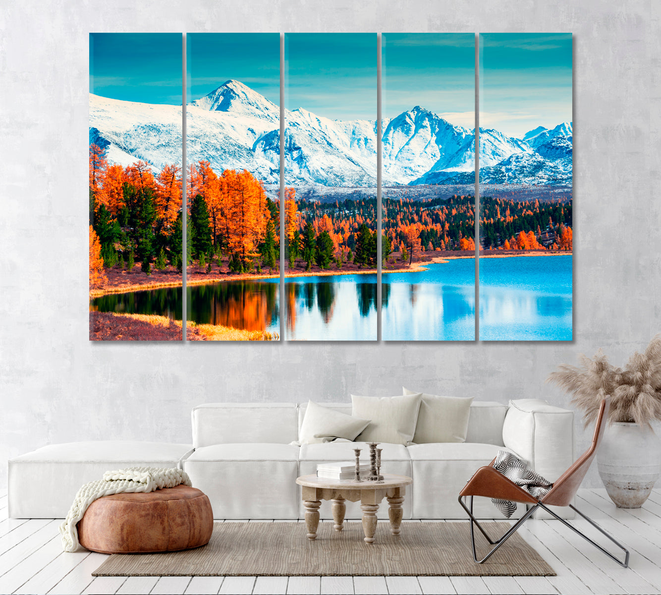 Mountains with Autumn Forest on Kidelu Lake Siberia Russia Canvas Print ArtLexy 5 Panels 36"x24" inches 
