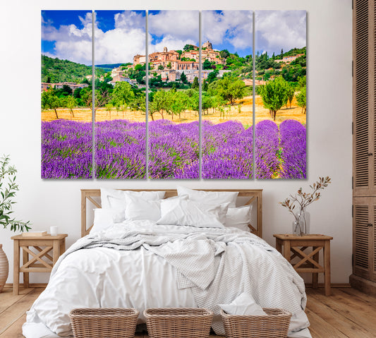 Simiane La Rotonde Village in Provence with Lavender Fields France Canvas Print ArtLexy 5 Panels 36"x24" inches 