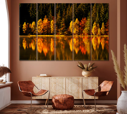 Autumn Landscape with Trees Reflecting in Lake Canvas Print ArtLexy 5 Panels 36"x24" inches 