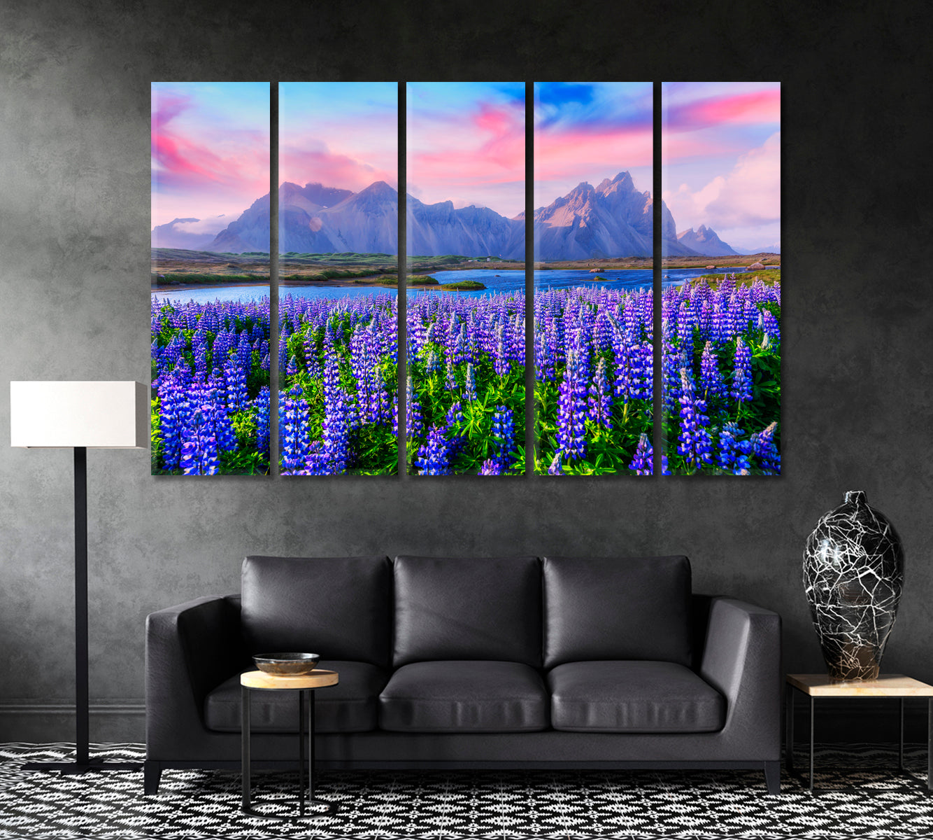 Famous Lupine Flowers near Stokksnes Mountains Iceland Canvas Print ArtLexy 5 Panels 36"x24" inches 