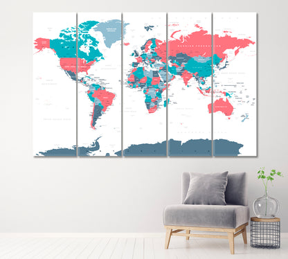 Political Physical World Map Canvas Print ArtLexy 5 Panels 36"x24" inches 