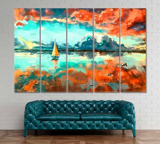 Boat in Ocean at Sunset Canvas Print ArtLexy 5 Panels 36"x24" inches 