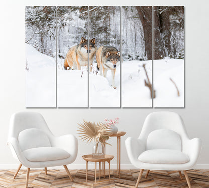 Two Beautiful Wolves in Winter Forest Canvas Print ArtLexy 5 Panels 36"x24" inches 