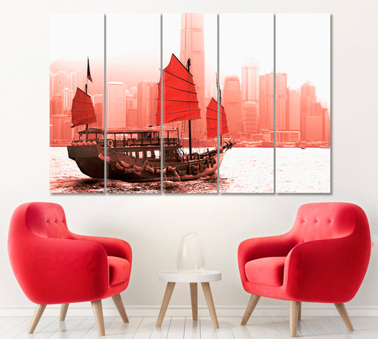 Sailing Ship in Victoria Harbor in Hong Kong Canvas Print ArtLexy 5 Panels 36"x24" inches 