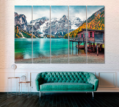 Braies Lake Colorful Autumn Landscape Canvas Print ArtLexy 5 Panels 36"x24" inches 