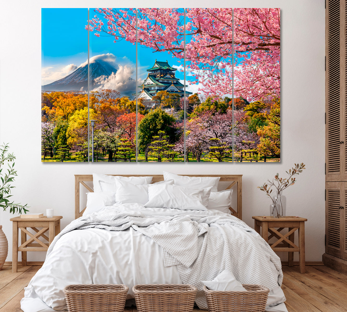 Osaka Castle with Fuji Mountain Japan Canvas Print ArtLexy 5 Panels 36"x24" inches 