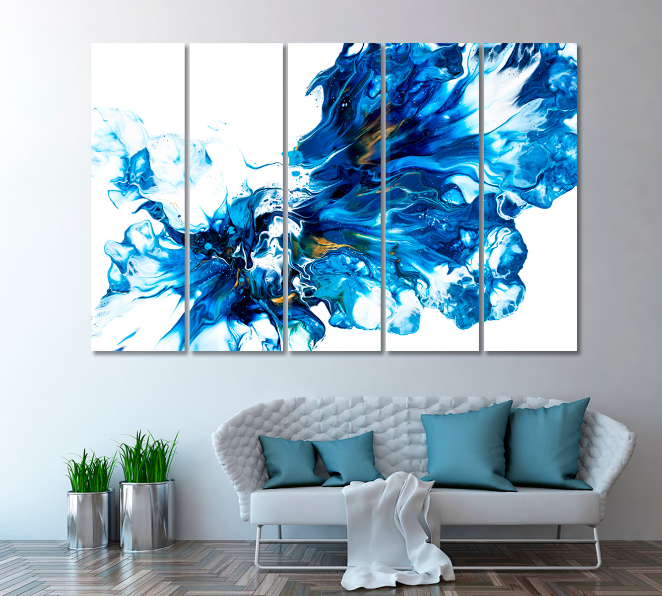 Abstract Blue Ink Splash Canvas Print ArtLexy 5 Panels 36"x24" inches 