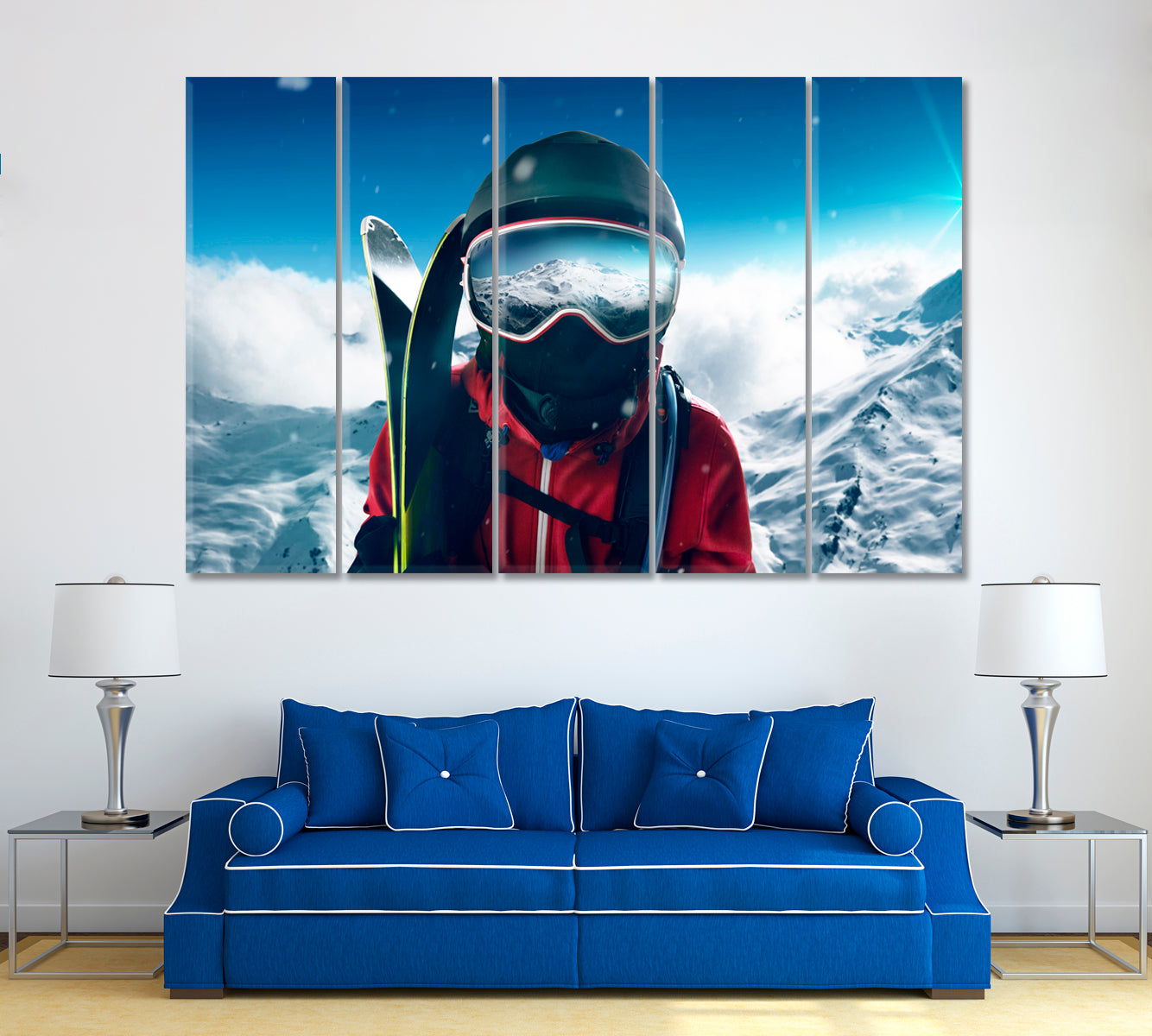 Skier in Front of Mountain Landscape Canvas Print ArtLexy 5 Panels 36"x24" inches 