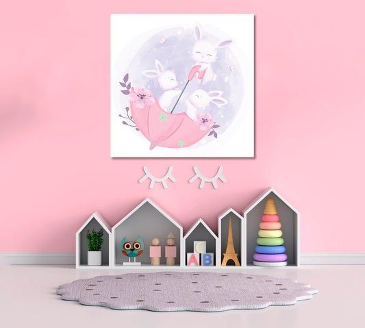 Bunnies with Umbrella Canvas Print ArtLexy 1 Panel 12"x12" inches 