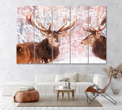 Two Deer in Winter Forest Canvas Print ArtLexy 5 Panels 36"x24" inches 