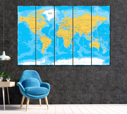 Political Physical Topographic World Map Canvas Print ArtLexy 5 Panels 36"x24" inches 