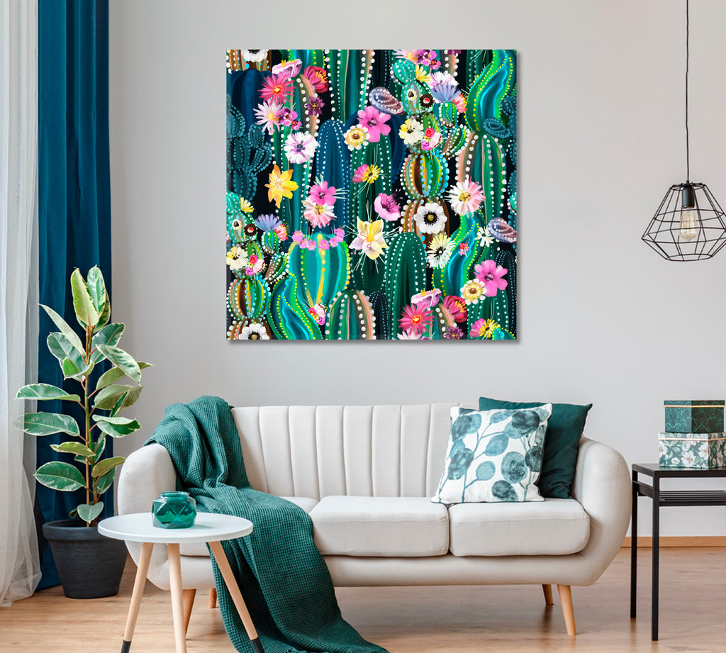 Cactus with Flowers Canvas Print ArtLexy 1 Panel 12"x12" inches 