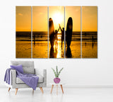Surfers Couple Silhouette at Sunset Canvas Print ArtLexy 5 Panels 36"x24" inches 