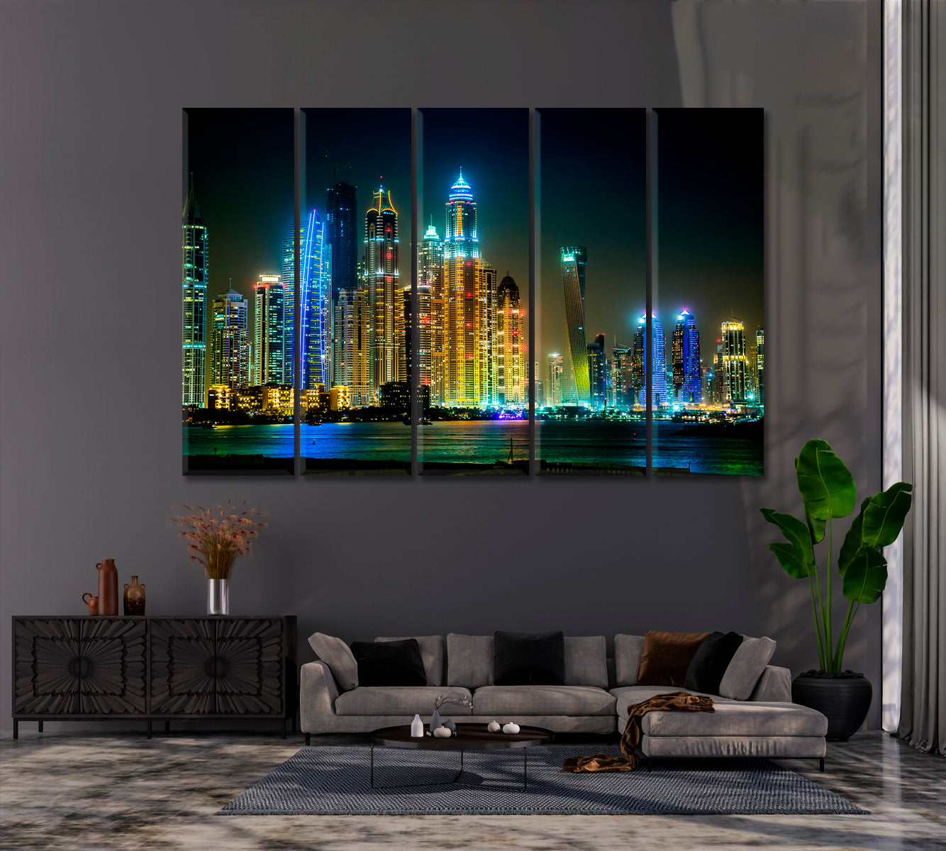 Dubai Downtown with City Lights at Night Canvas Print ArtLexy 5 Panels 36"x24" inches 