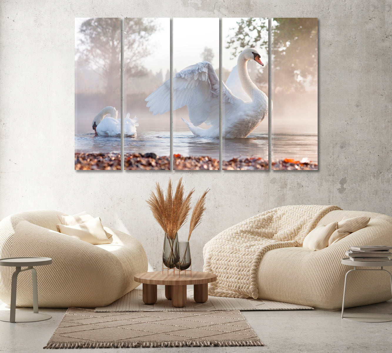 White Swan on Foggy Lake Canvas Print ArtLexy 5 Panels 36"x24" inches 
