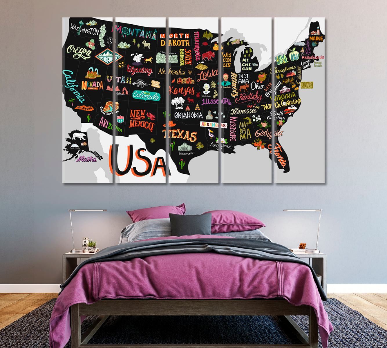 Map of USA with States and Attractions of America Canvas Print ArtLexy 5 Panels 36"x24" inches 