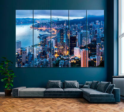 Hong Kong Cityscape at Twilight Canvas Print ArtLexy 5 Panels 36"x24" inches 