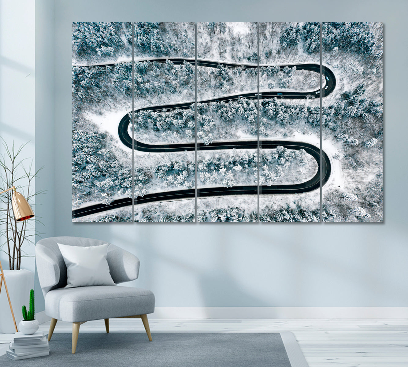 Winding Road in Winter Forest Canvas Print ArtLexy 5 Panels 36"x24" inches 