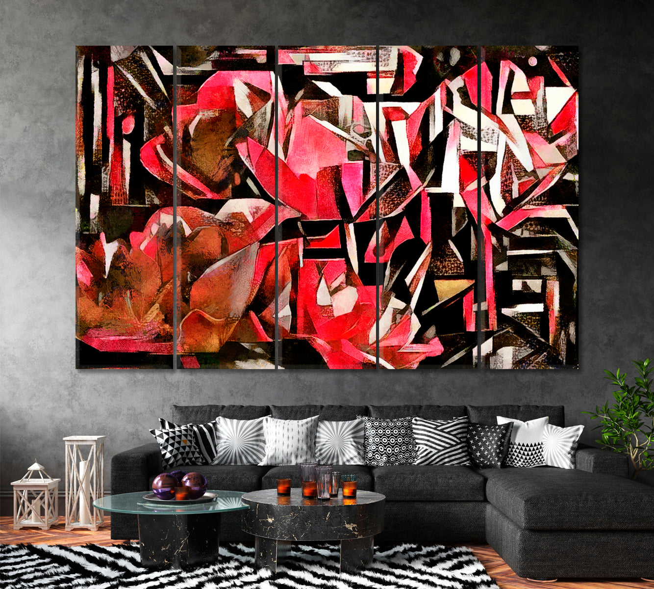 Peonies in Cubism Style Canvas Print ArtLexy 5 Panels 36"x24" inches 