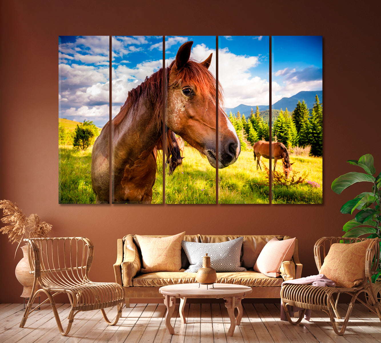 Horses Graze in Carpathian Mountains Ukraine Canvas Print ArtLexy 5 Panels 36"x24" inches 