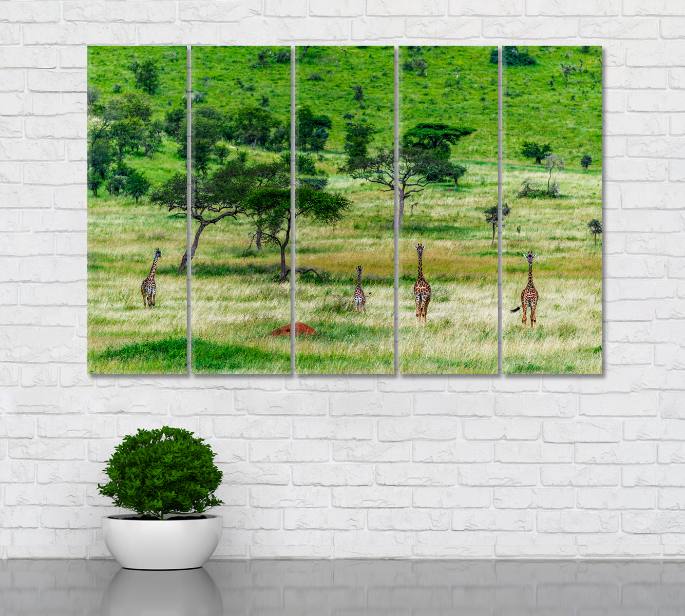 Giraffe On Savanna Landscape Canvas Print ArtLexy 5 Panels 36"x24" inches 